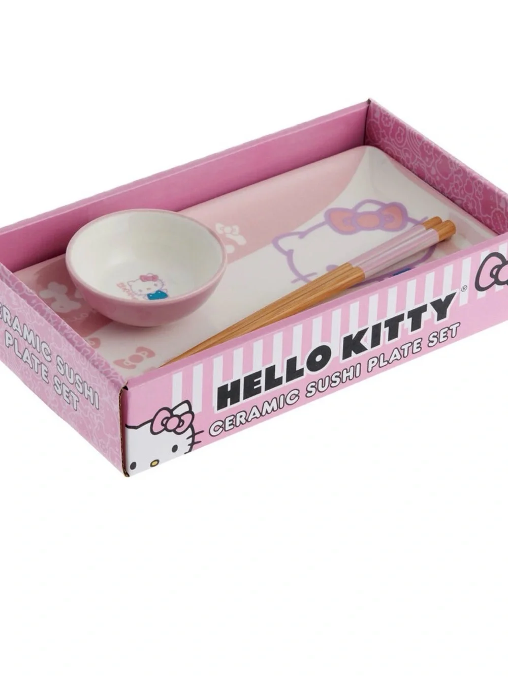 NEW Hello Kitty Pink & White Ceramic Sushi Plate Set with Blue Accent